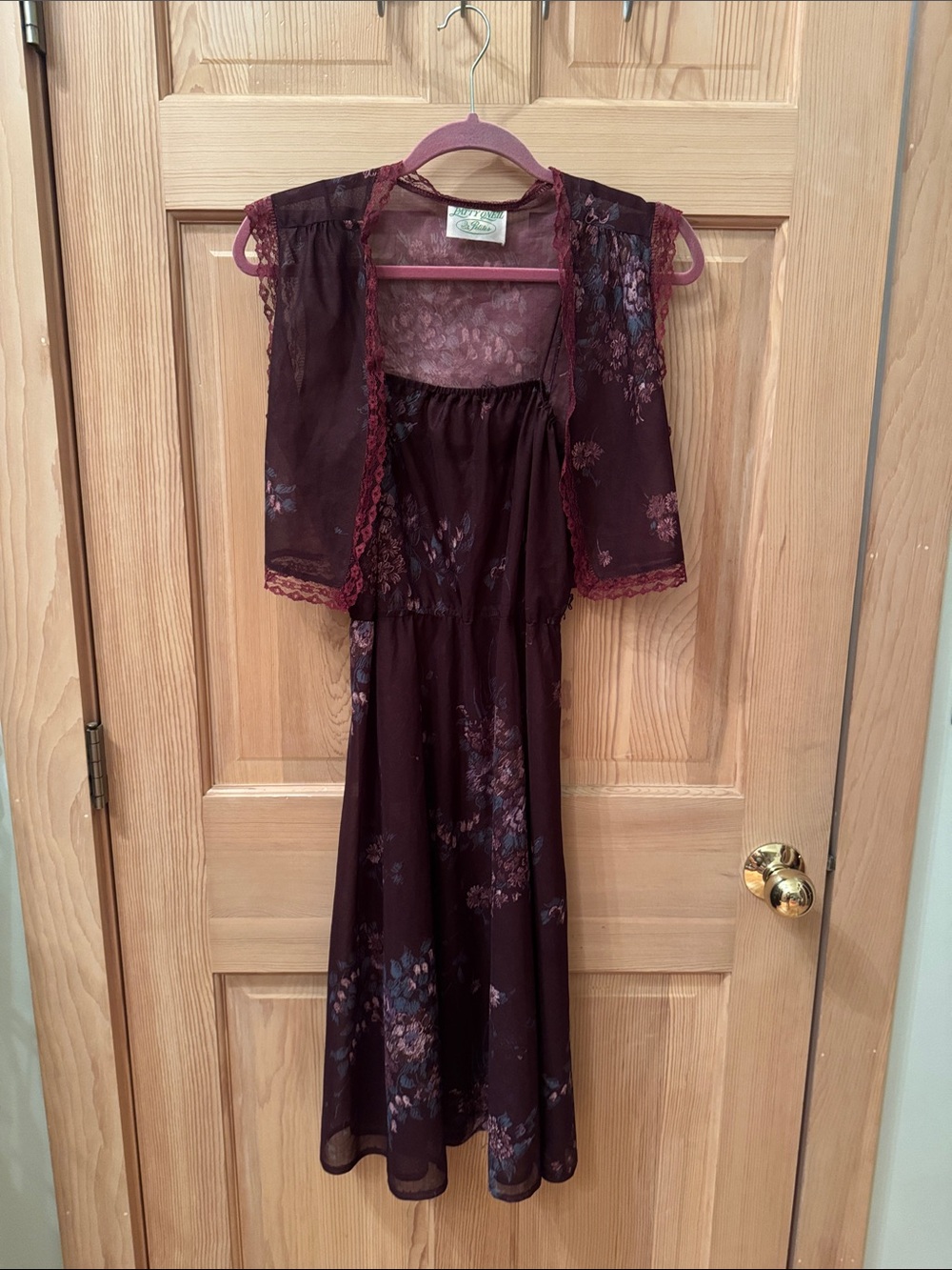 Vintage Patty O’Neil Burgundy Floral Boho Midi Dress with Sheer Bolero